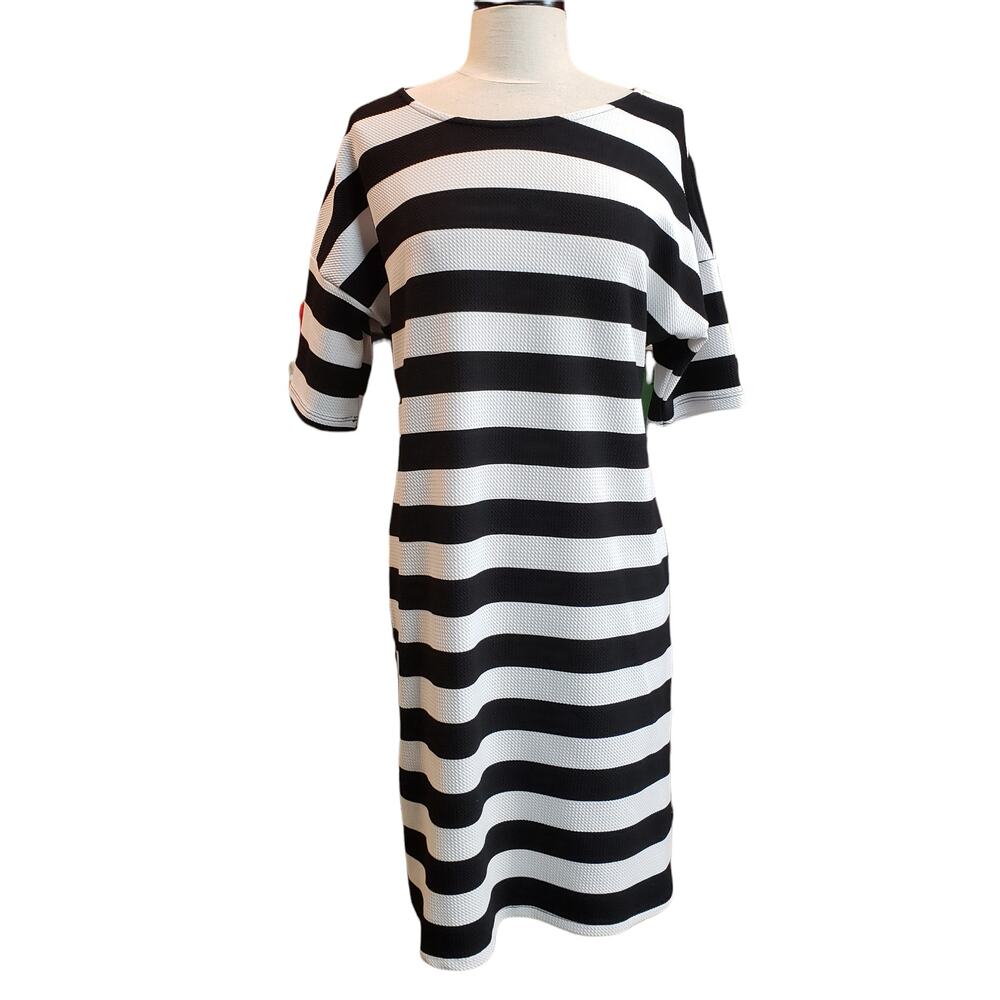 Painted Threads Dress Womens Large Midi Black White Short Sleeve Striped Pad7919